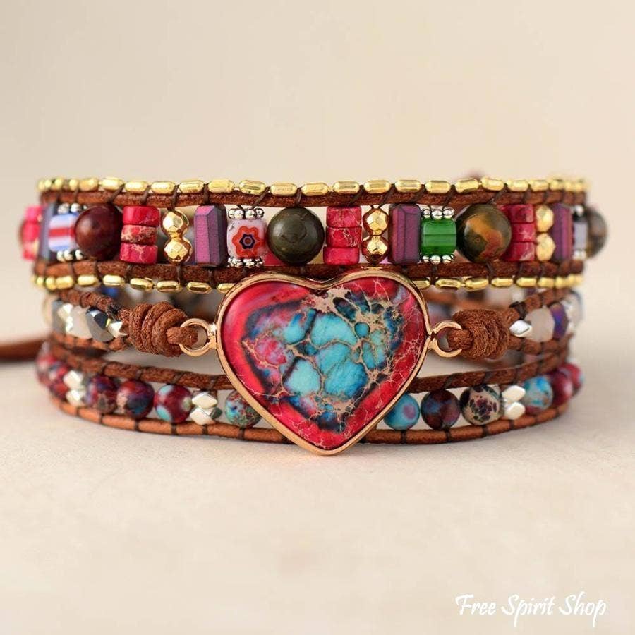 Handmade Mix Gemstone Heart Wrap Bracelet, Boho Love Strap