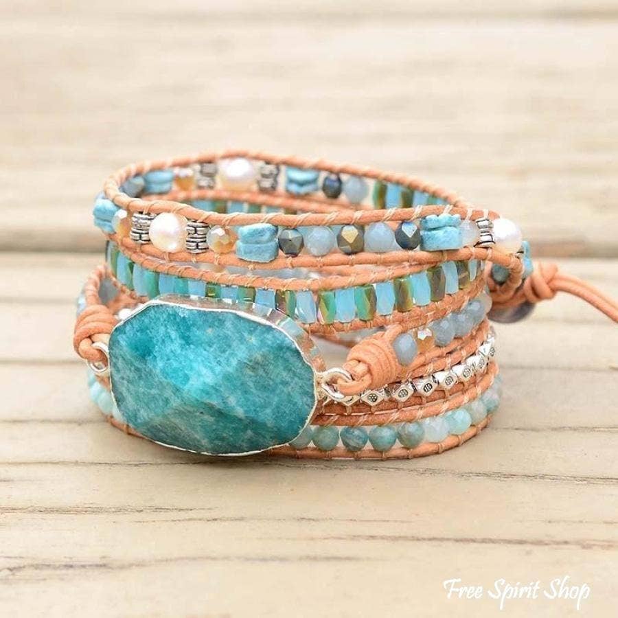 Natural Calming Amazonite Bead Wrap Bracelet, Boho Jewellery