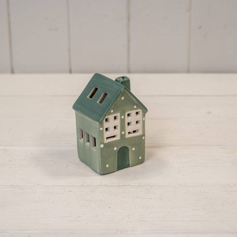 Green Ceramic LED House with Snowball Décor H9.5cm