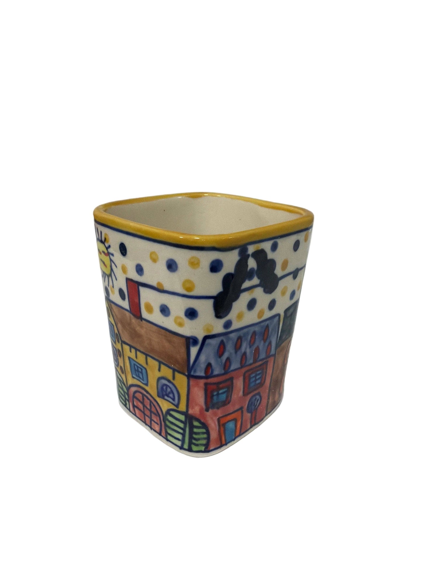 Pair of Colourful Whimsical Village Ceramic Pots H4.5"
