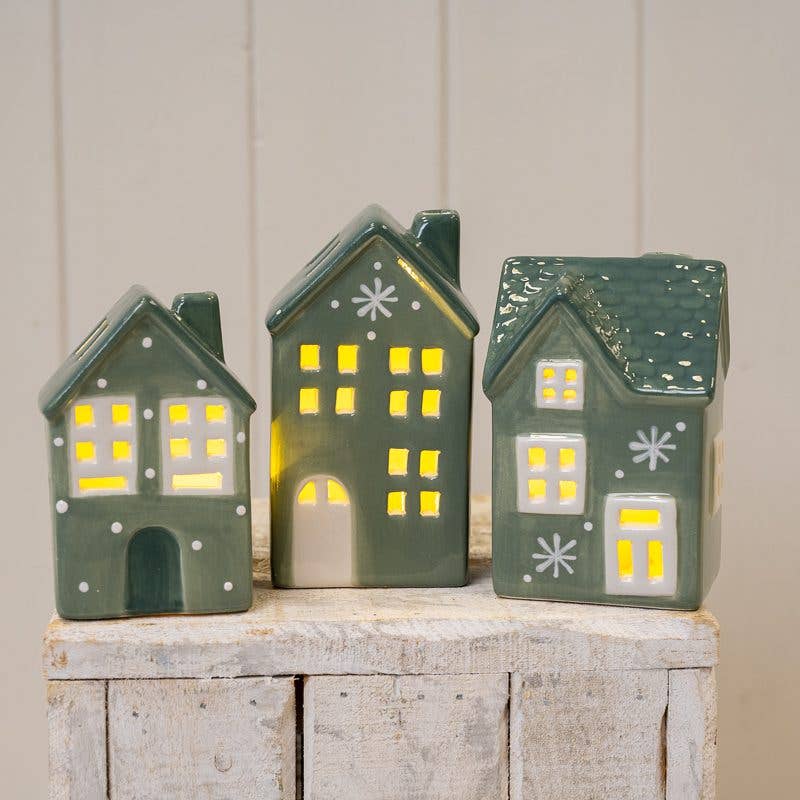 Green Ceramic LED House with Snowball Décor H9.5cm