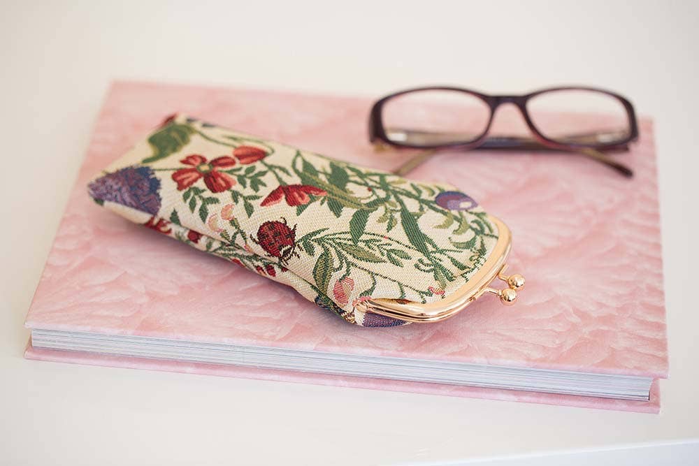 Morning Garden Design - Glasses purse with cream floral fabric botanical print and gold-tone clasp featuring wildflowers butterflies and ladybird details. Fashion New In