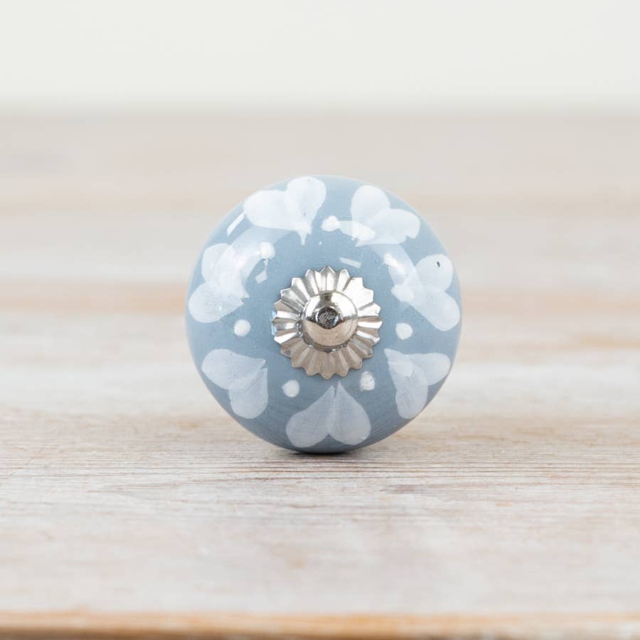 Ceramic Drawer Knobs | Grey-Blue with White Hearts & Silver Centre | Sold in Pairs