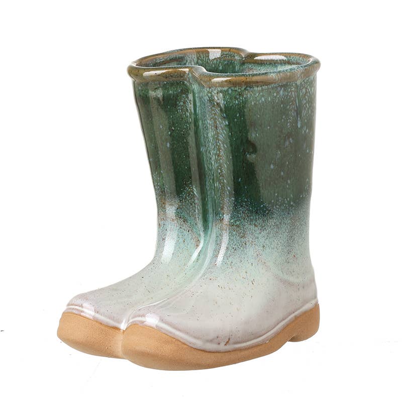 Ceramic Green and White Wellies- A classic ornament H13cm