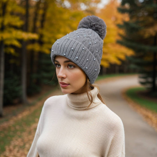 Pearl Faux Fur Pompom Hat - Silver Grey