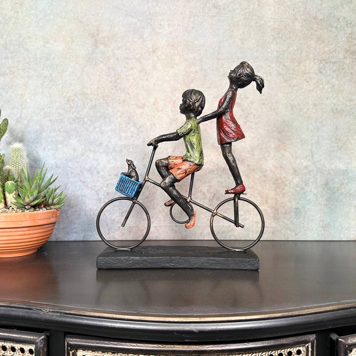 Children Riding Bicycle Sculpture H32cm
