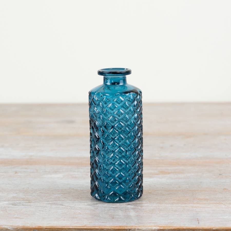 Tall Blue Glass, Patterned Flower Vase Or Diffuser Bottle, 13.5cm