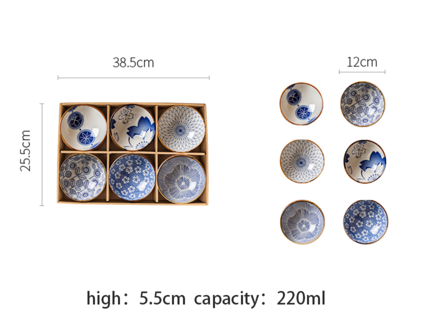 Japanese Ceramic Bowl Set - 6 Bowls (12cm) for Rice, Soup & Desserts