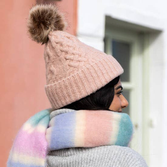 Pink Cable Knit Bobble Hat | Faux Fur Pom Pom Winter Beanie