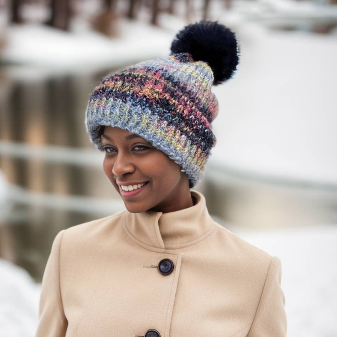 Multi Layer PomPom Hat - Navy Sunset
