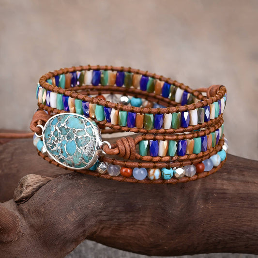 Natural Turquoise & Jasper Silver Wrap Bracelet with three strands of turquoise cobalt sage and amber gemstone beads on brown leather and oval silver-tone centrepiece from New & Returning