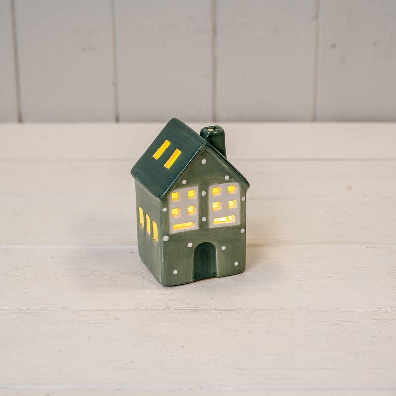 Green Ceramic LED House with Snowball Décor H9.5cm