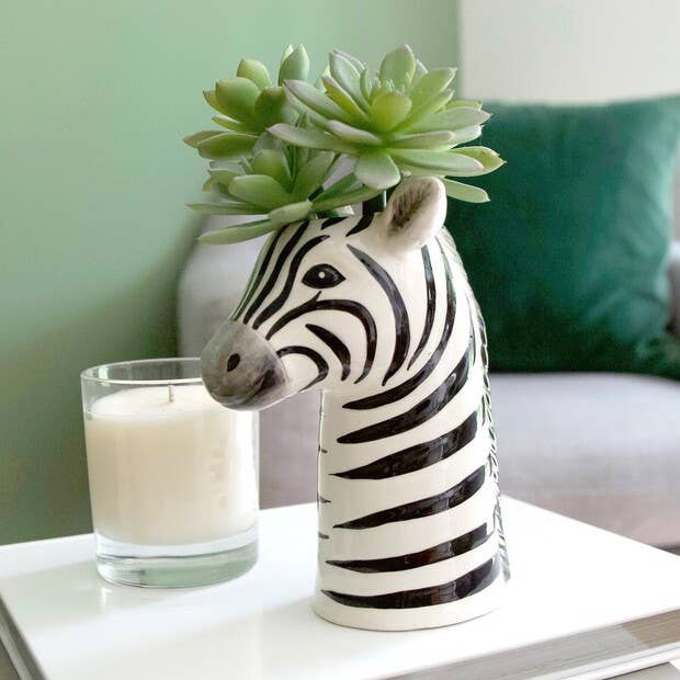 Zebra Head Ceramic Vase 17cm | Black & White Animal Planter