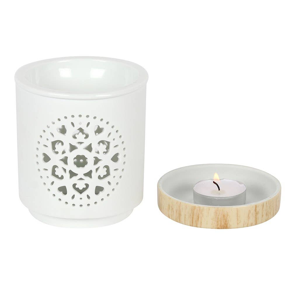 White Mandala Ceramic Oil Burner & Wax Warmer, 11cm