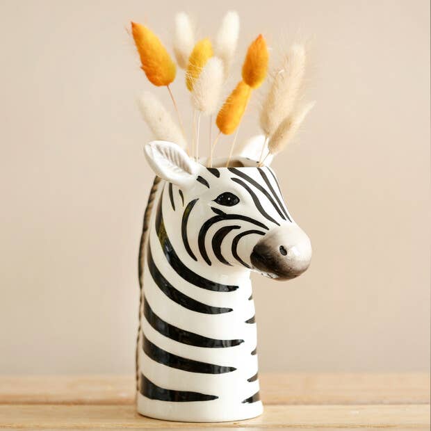 Zebra Head Ceramic Vase 17cm | Black & White Animal Planter