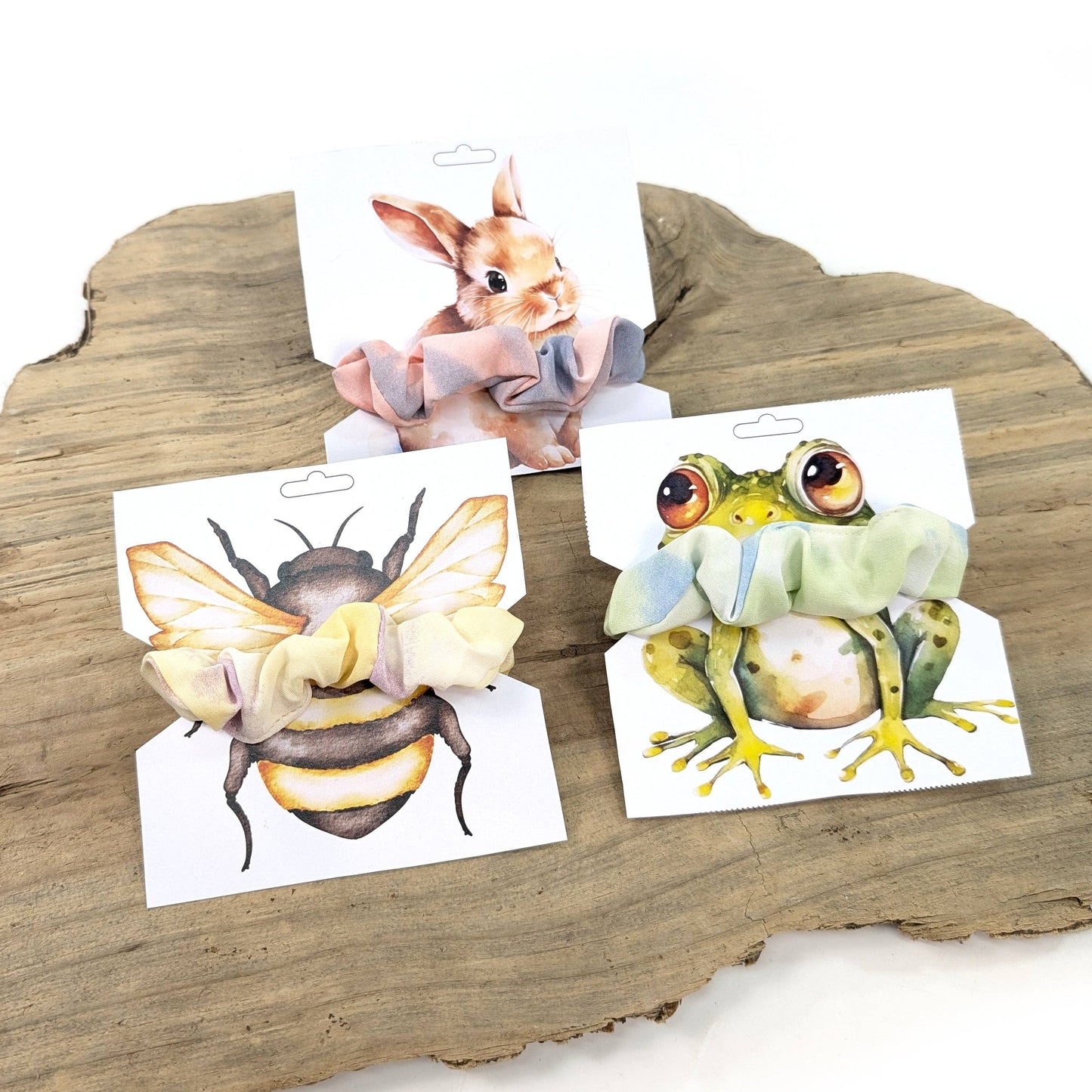 Garden Animal Scrunchie on Card | Pack of 3 Kids Hair Accessories.