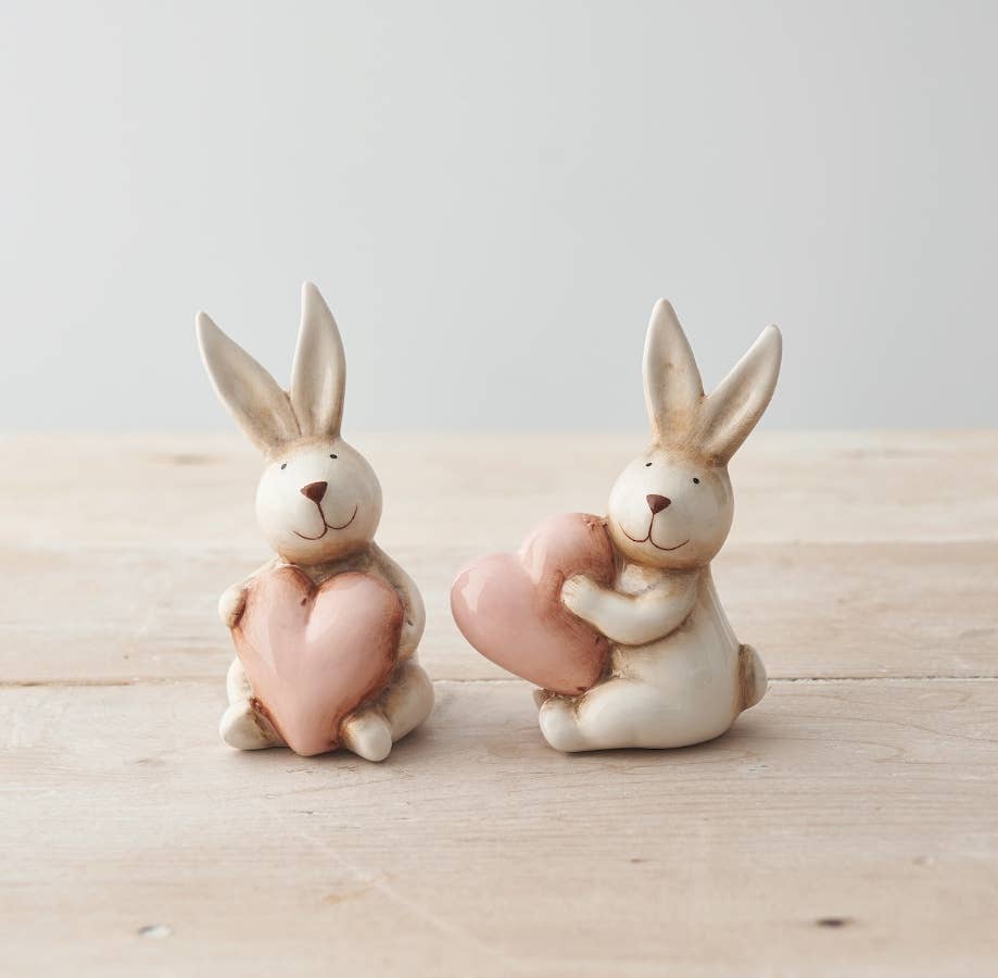 Two Valentine Rabbits with Hearts, 10cm - Ceramic