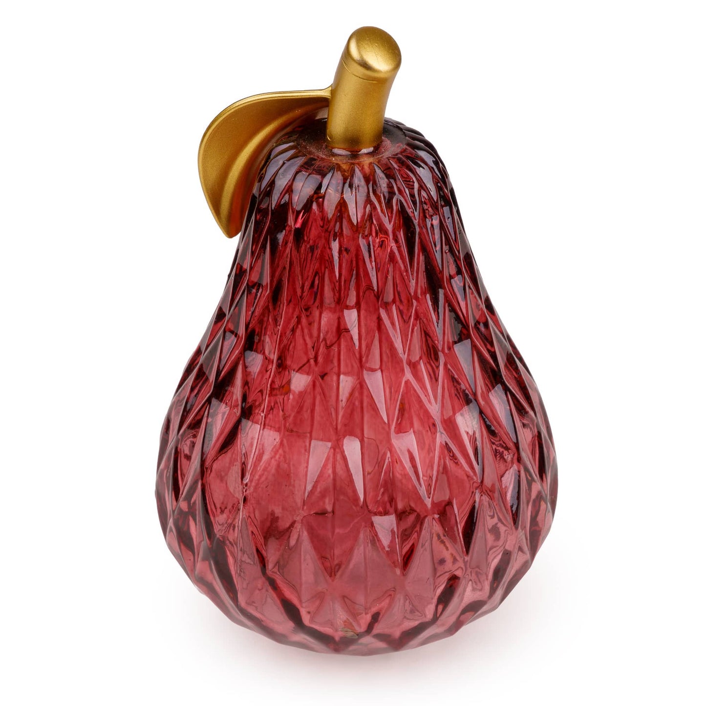 Red Glass Pear LED Light with Gold Stem & Leaf