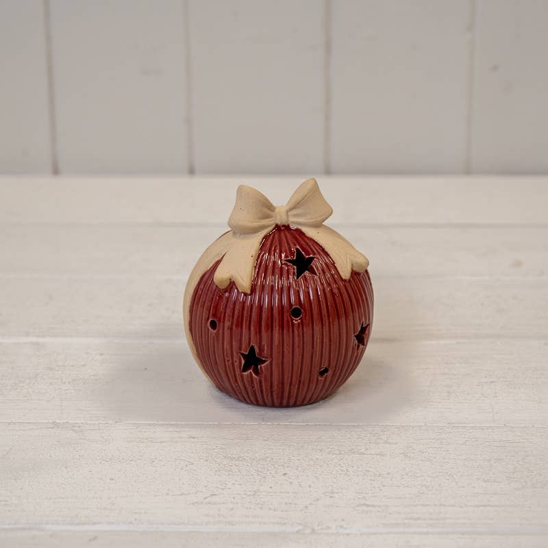 Red Ceramic Led Bauble With Bow 10cm