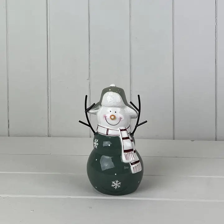 Dark Green/White Ceramic Snowman Decoration