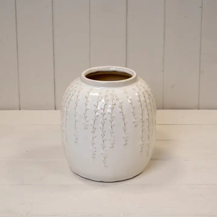 Small Cream Ceramic Ribbed Vase H18cm