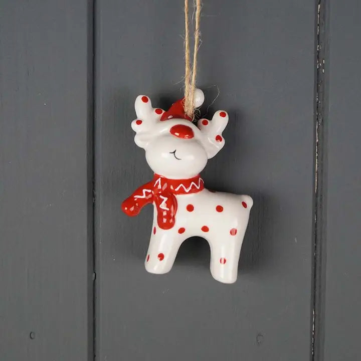 Red & White Ceramic Hanging Deer Decoration - H7cm