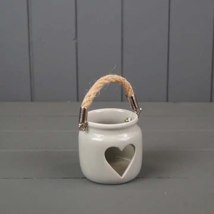 Grey Porcelain Heart Tealight Holder with Rope Handle H7cm