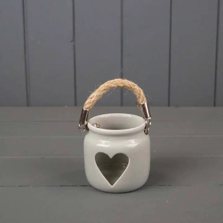 Grey Porcelain Heart Tealight Holder with Rope Handle H7cm