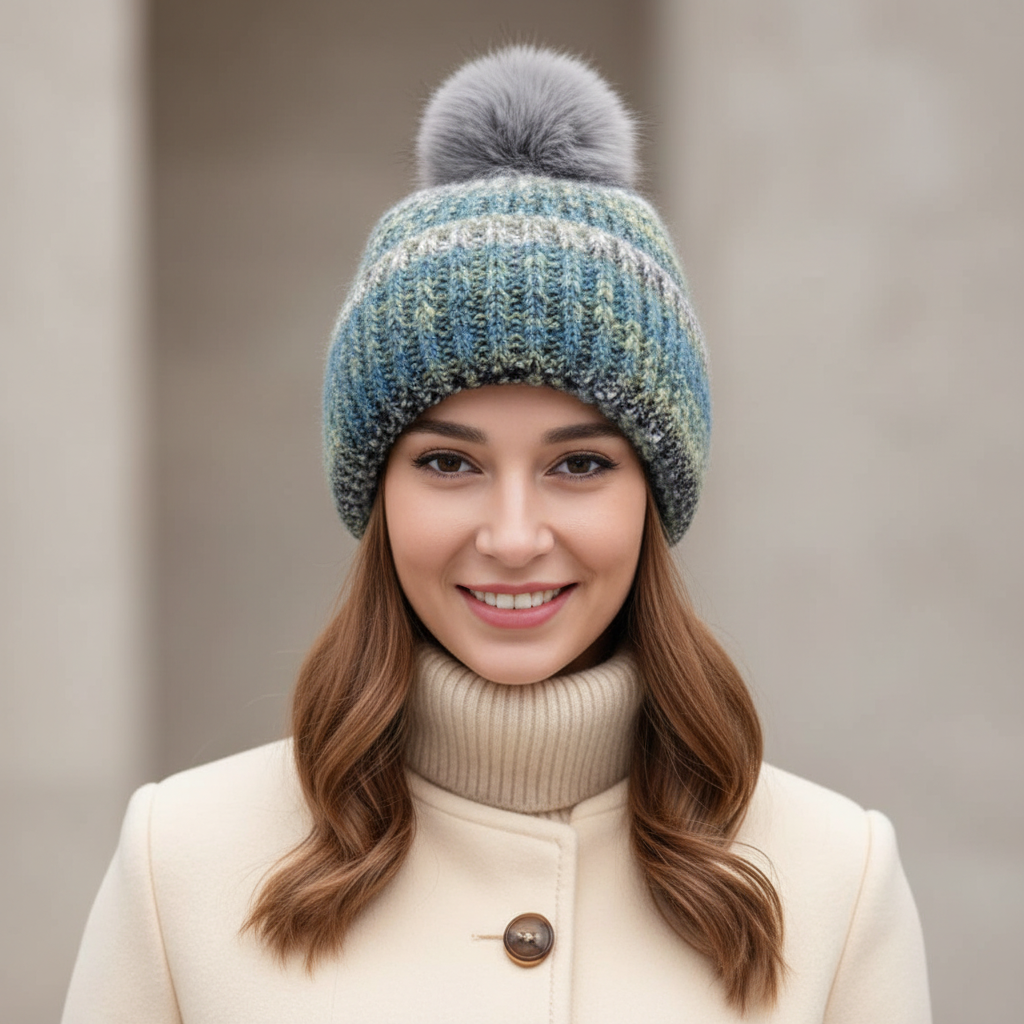 Multi Layer Pompom Hat - Ocean Waves