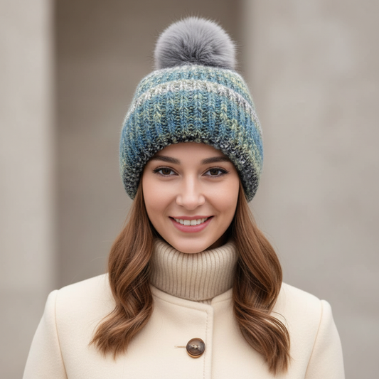 Multi Layer Pompom Hat - Ocean Waves
