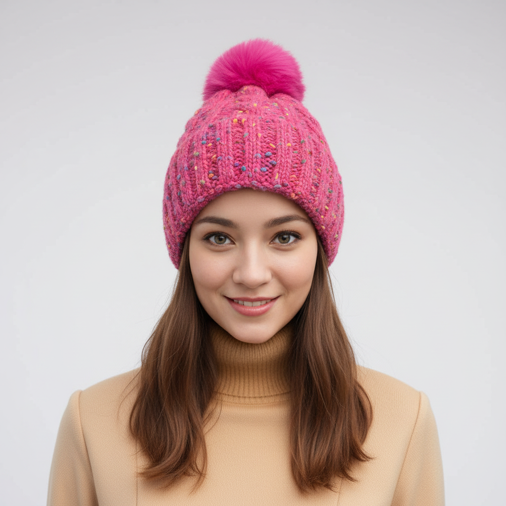 Neon Pink Confetti Bobble Hat with Faux Fur Pom Pom