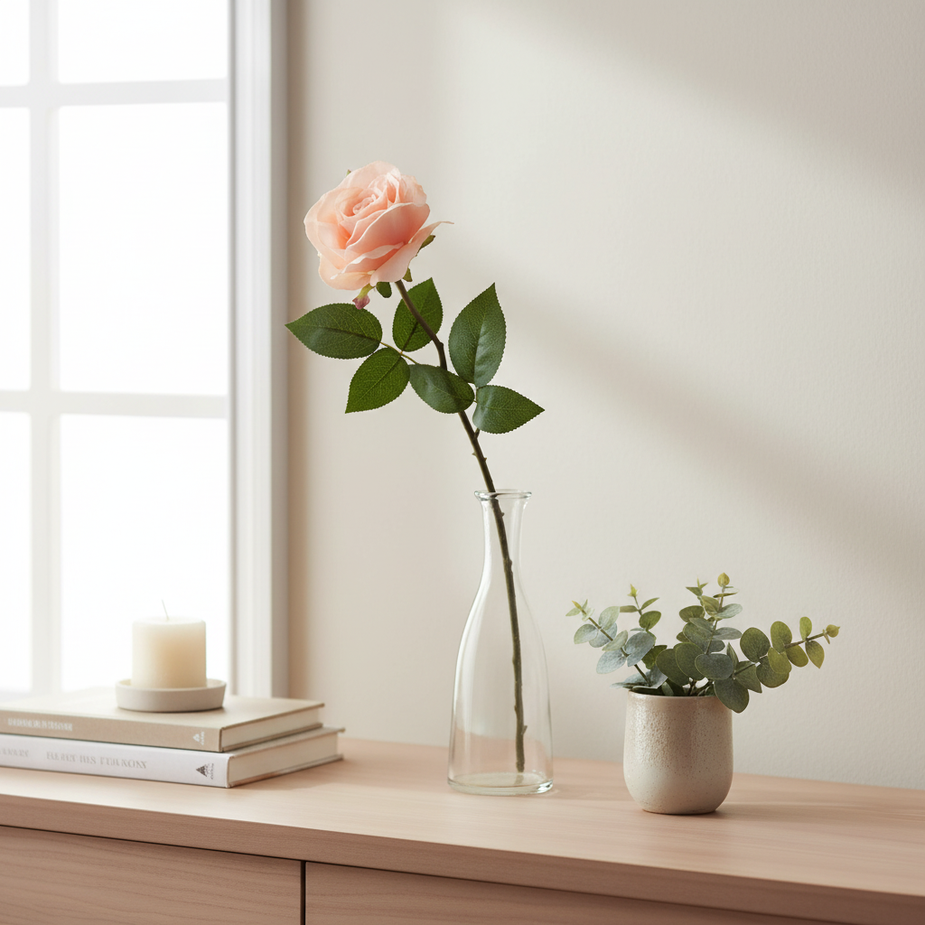 Artificial Open Rose - Light Peach H54cm
