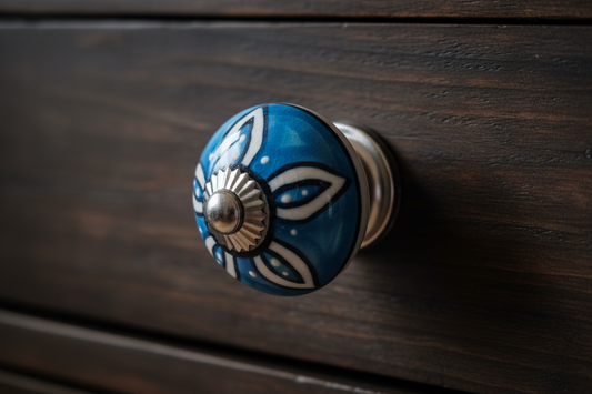 Ceramic Drawer Knobs | Vibrant Blue with White Petal & Silver Centre | Sold in Pairs