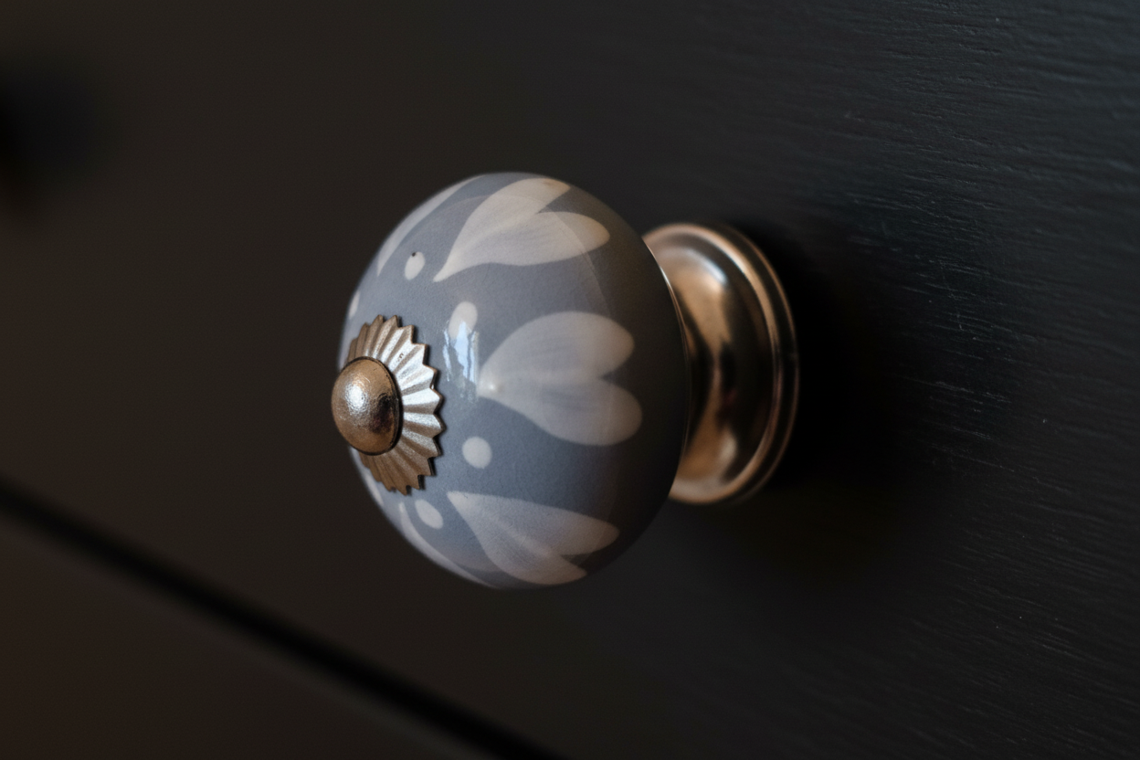 Ceramic Drawer Knobs | Grey-Blue with White Hearts & Silver Centre | Sold in Pairs