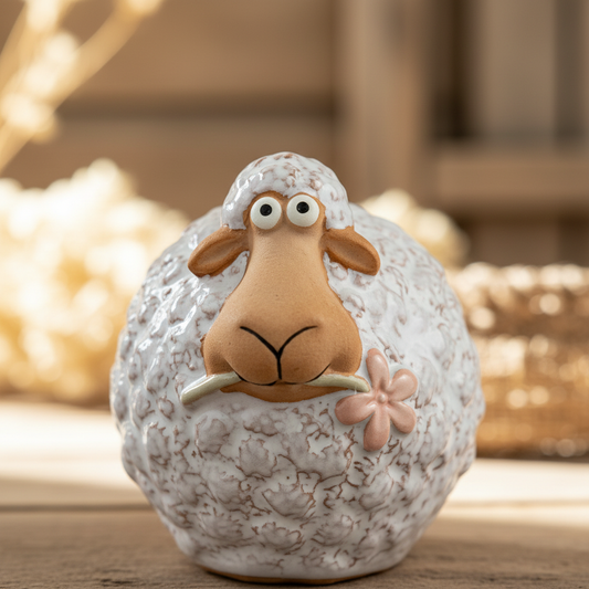 White Sheep Ornament with Flower, 8.3cm