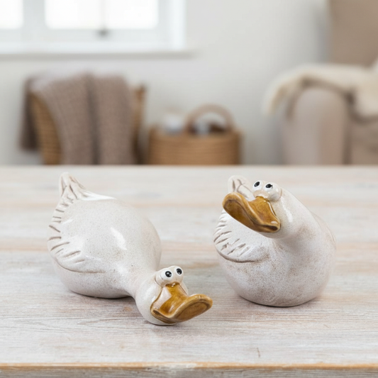 Ceramic White Duck Ornament, 13.9cm, white ceramic duck with a golden beak and raised feather details