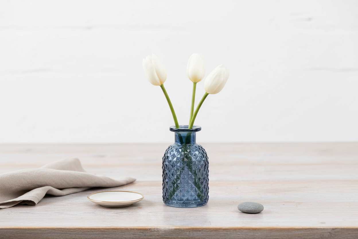 Blue Glass, Patterned Flower Vase Or Diffuser Bottle, 9.2cm