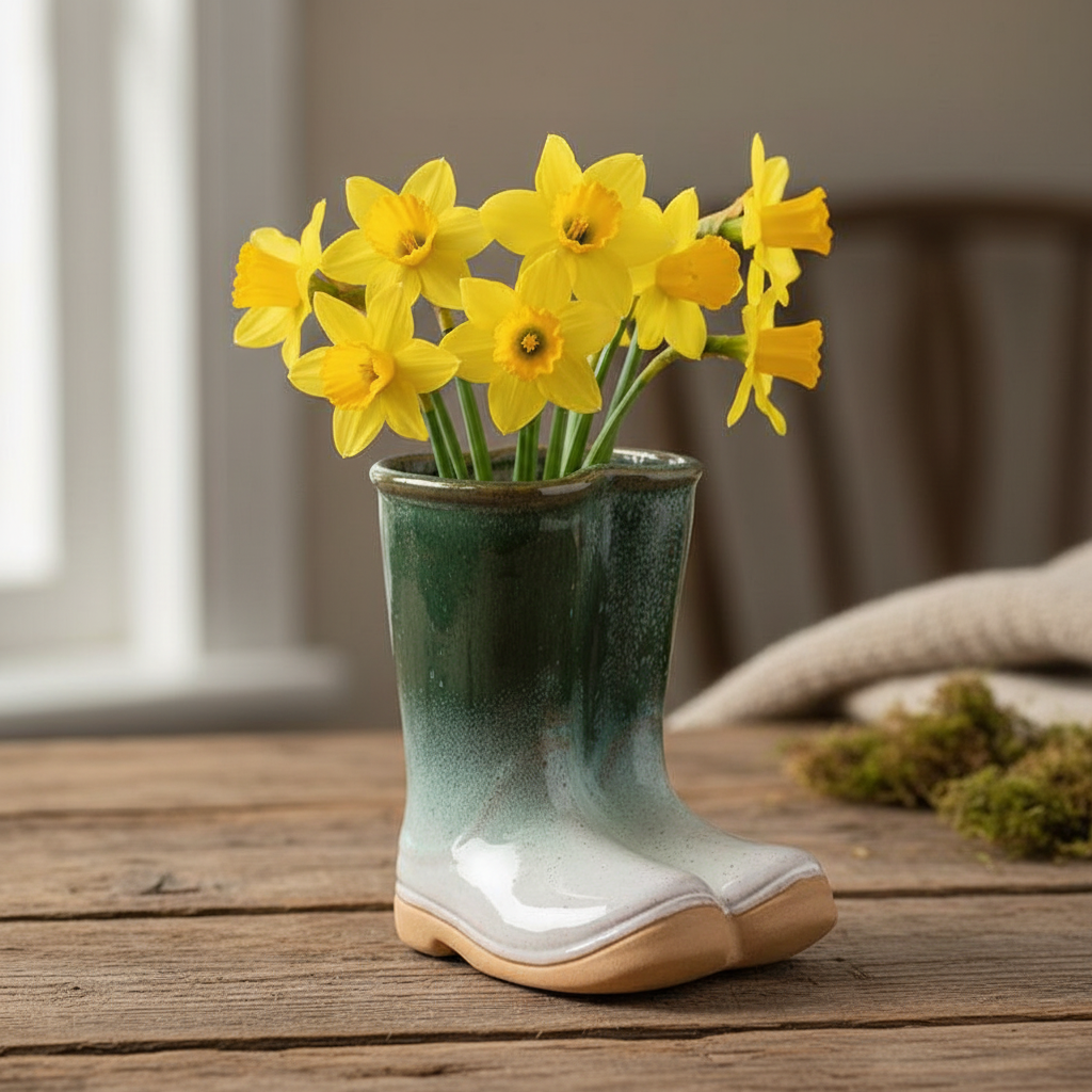 Ceramic Green and White Wellies- A classic ornament H13cm