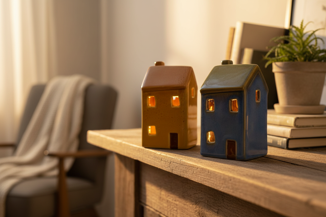 Two LED Cottages in Blue and Yellow H13.3cm