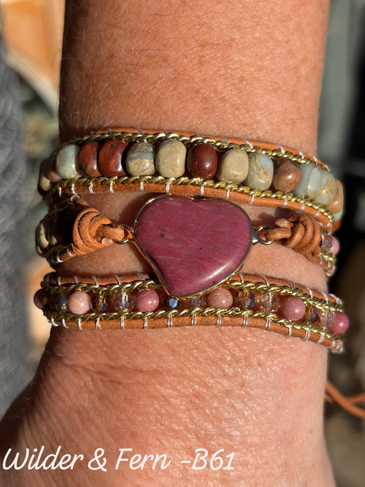 Rhodonite & Jasper Heart Wrap Bracelet, Boho Beaded Strap