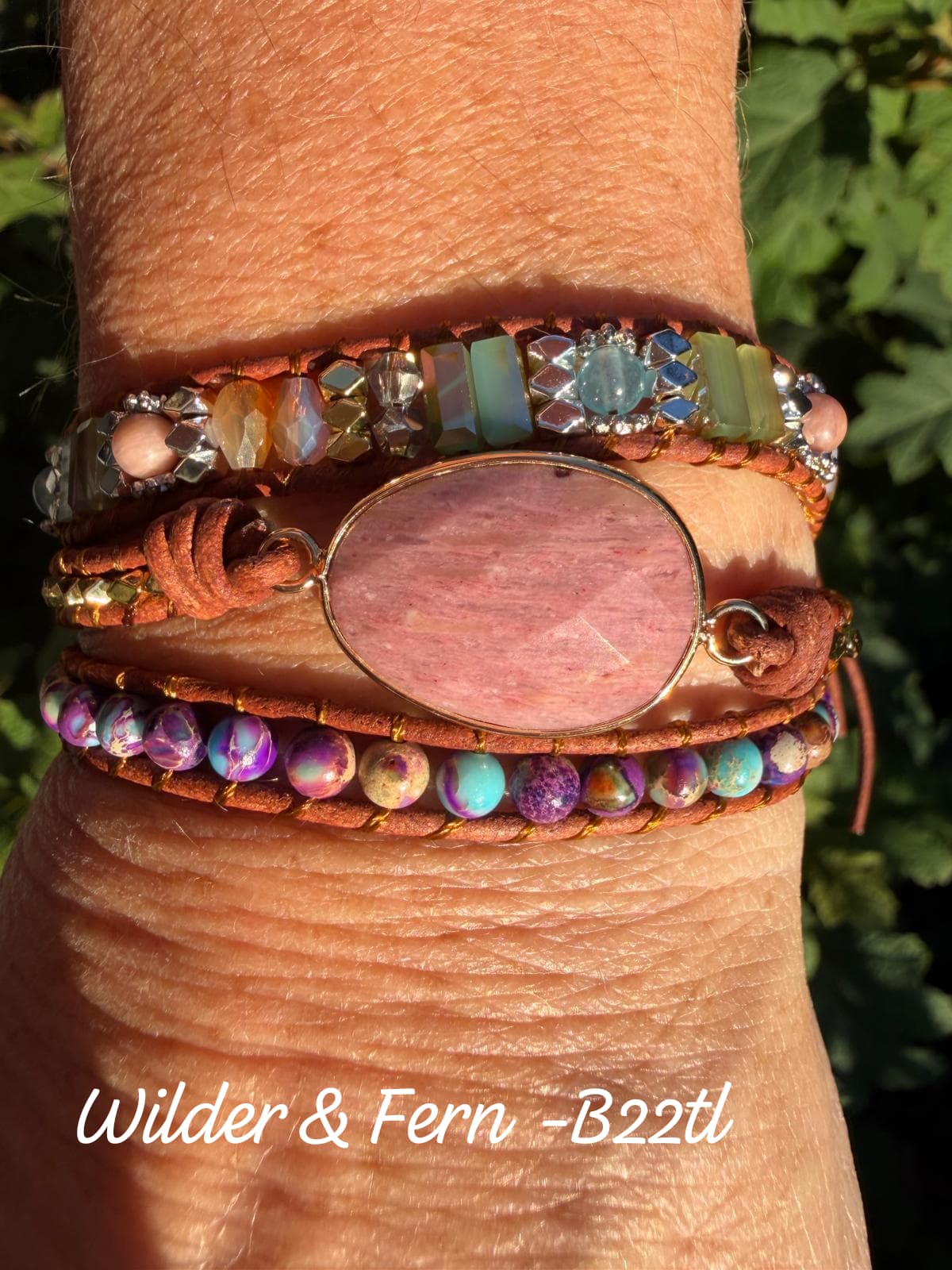 Natural Rhodonite & Jasper Wrap Bracelet with faceted gemstone beads, leather bands and gold and silver accents