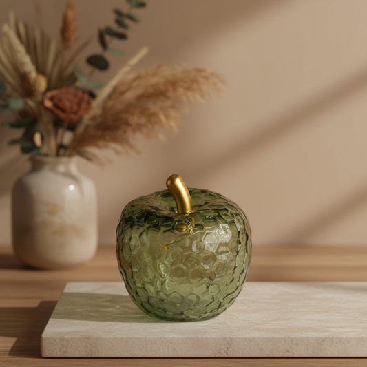 Small Green Glass Apple LED Light with Gold Stem in textured green glass with a lustrous finish