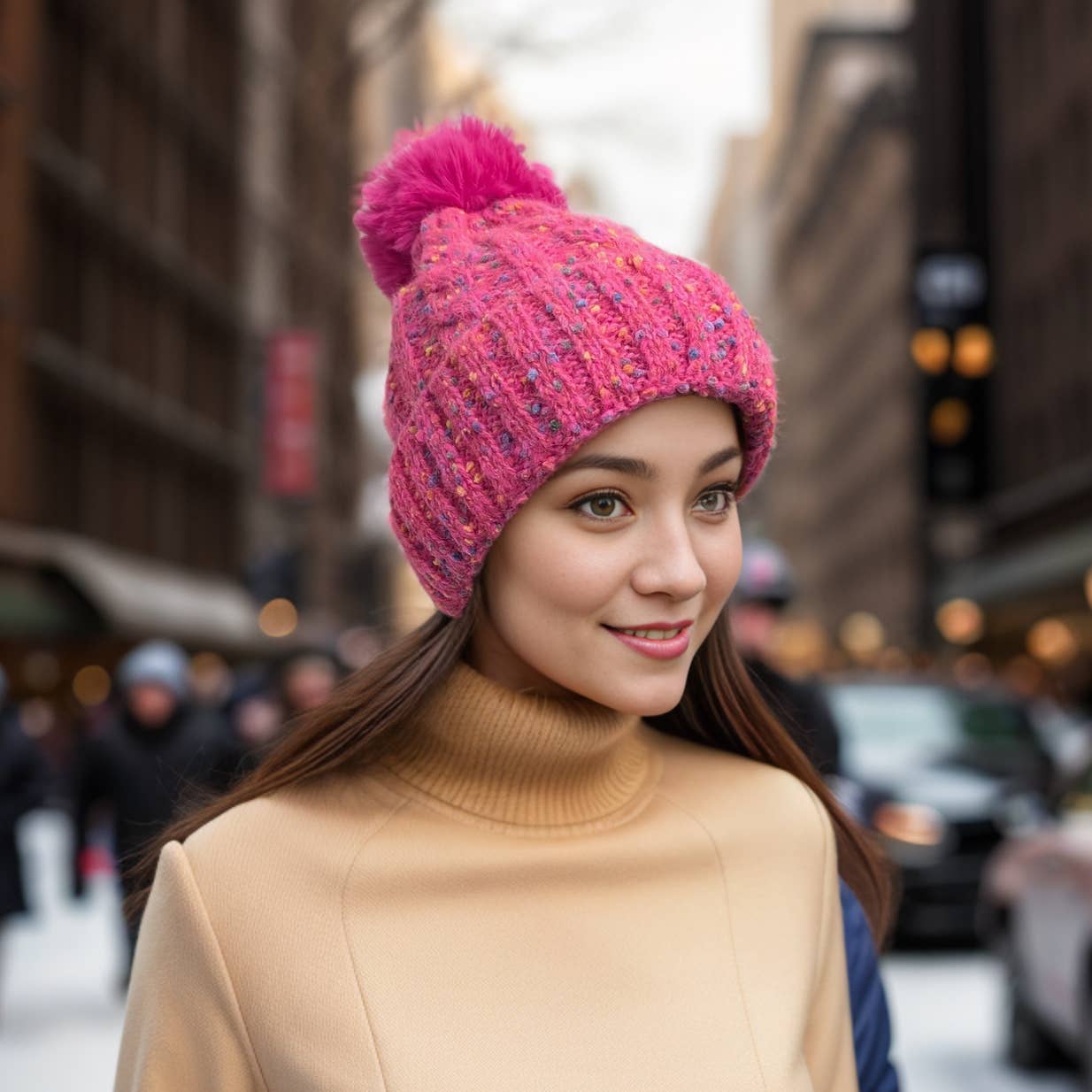 Neon Pink Confetti Bobble Hat with Faux Fur Pom Pom