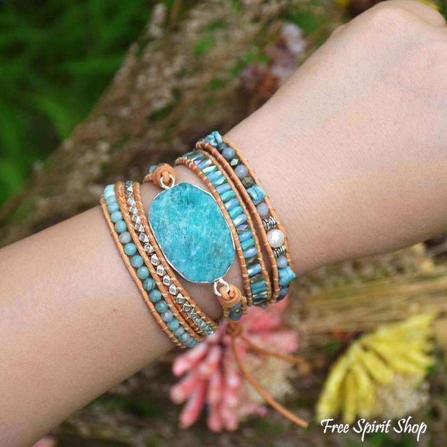 Natural Calming Amazonite Bead Wrap Bracelet, Boho Jewellery