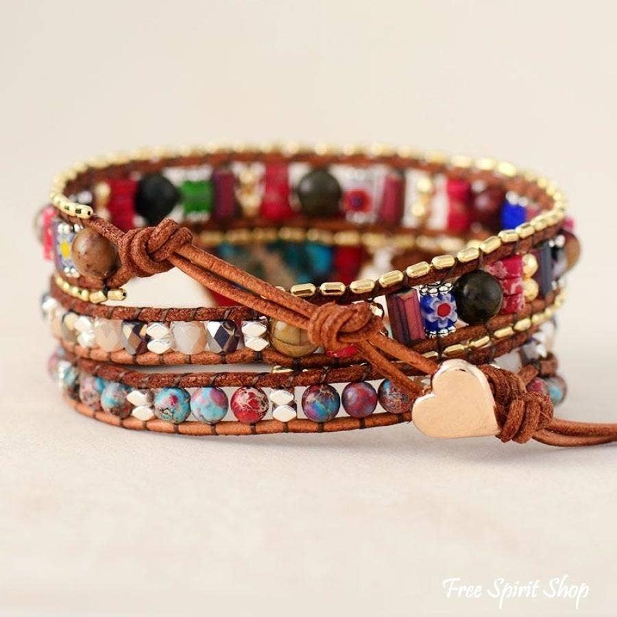 Handmade Mix Gemstone Heart Wrap Bracelet, Boho Love Strap