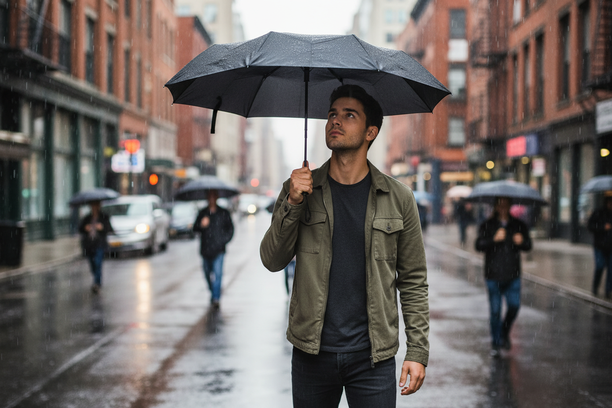 Mini Compact Umbrella - 4 Prints - L24cm Closed black umbrella held by man on a rainy city street with wet pavements and blurred buildings for Fashion