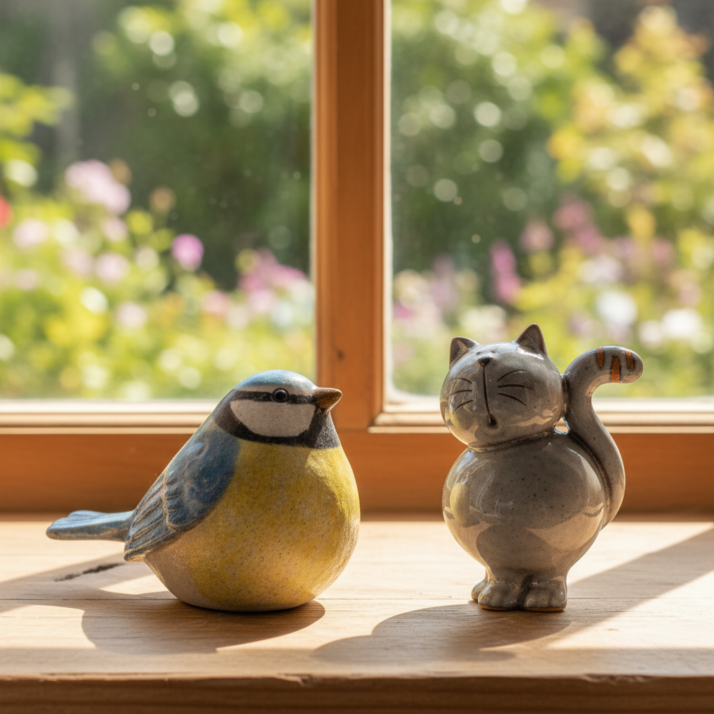 Blue tit and cat together on windowsill