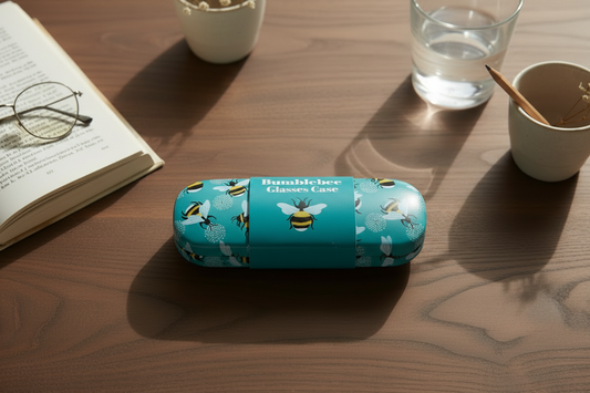Garden Bee Design Glasses Case in Blue with bee print and soft microfibre lining on a hard shell