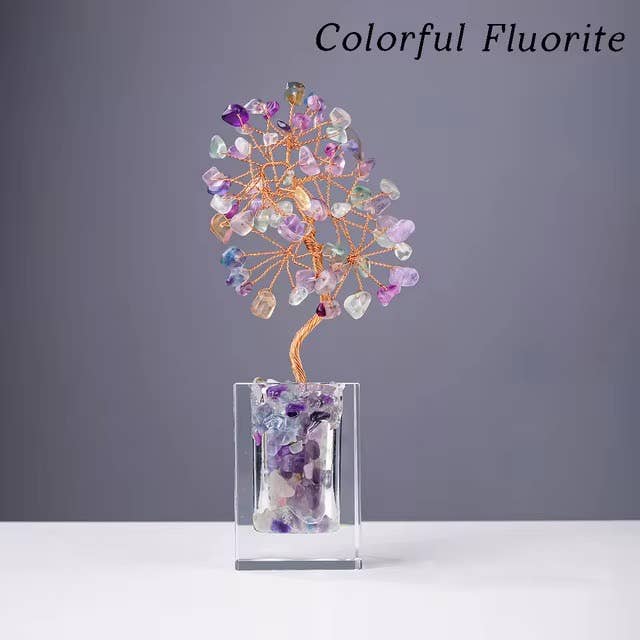 Crystal Mini Tree with Clear Vase H18cm: Colourful Fluorite