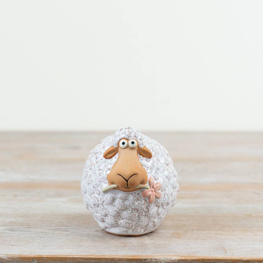 White Sheep Ornament with Flower, 8.3cm